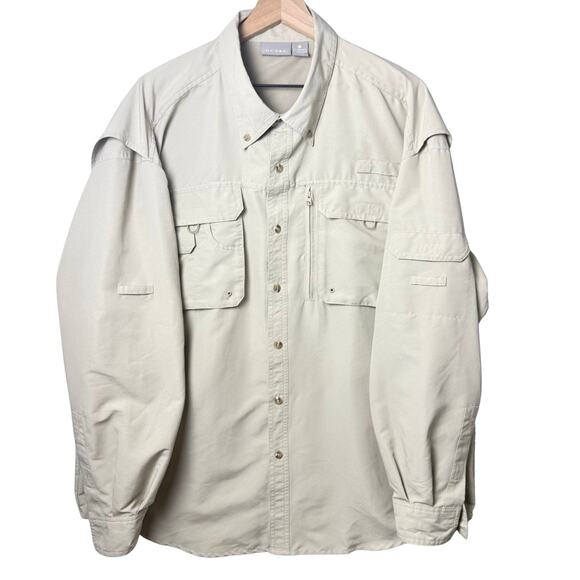 Quest Vented Back Long Sleeve Fishing Button Up Shirt Nylon Zip Tan Men’s XL - Picture 1 of 12